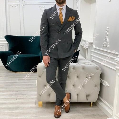 Spring/Autumn Pinstripe Grey Business Suits Slim Fit Double Breasted Jacket With Pants 2 Pieces Groomsman Wear Blazers Tuxedos