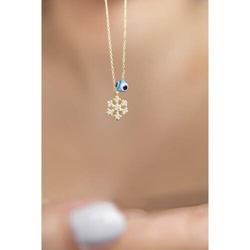 Elika Silver Little Snow Flake & Evil Eye Beaded Pattern 925 Sterling Silver Necklace