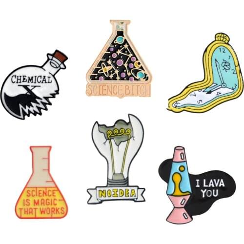 Science Lover Enamel Pins Chemical Beaker Light bulb Alarm clock Lava lamp Brooches Scientist Lapel Pin Badge Gift for Student