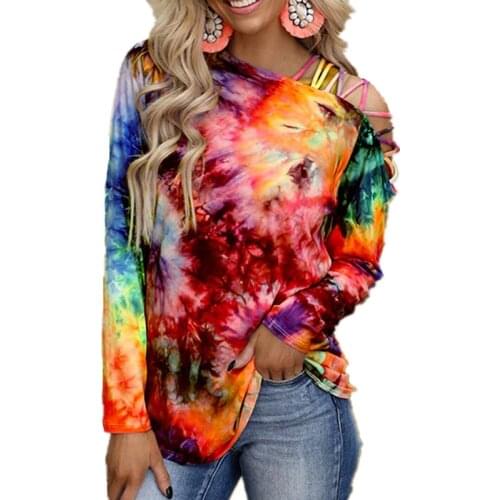 Casual T Shirt Women Fashion Tie Dye Top Tee Shirts Off Shoulder Tshirt Y2K Camisas Mujer T-Shirt Pullover Woman Clothes Blusas