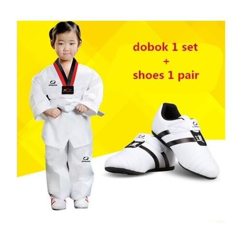 GINGPAI Kids Child Breathable Wear-resistant Taekwondo Karate Shoes+Traditional Taekwondo Uniform Dobok WTF TKD Clothes Set Suit