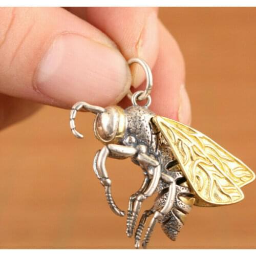 Chinese old S925 silver bee Wings can move statue pendant necklace netsuke gift