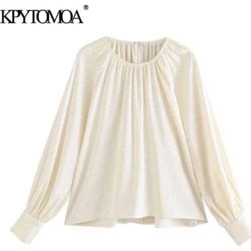 KPYTOMOA Women 2021 Fashion Pleats Soft Touch Loose Blouses Vintage O Neck Long Sleeve Female Shirts Chic Tops