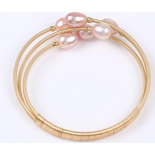 Fashion Natural Freshwater Pearl With Three Beads Gold Bangle Charm Bracelet For Girls And Women