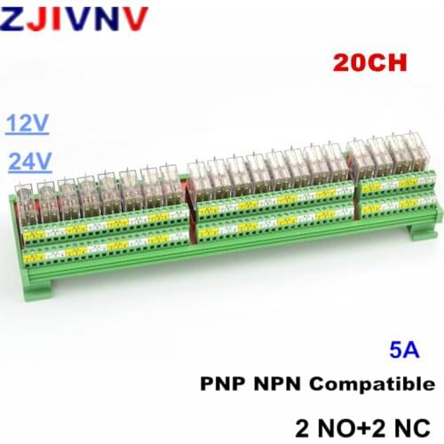 20 Channels DPDT Interface Relay Module 5a 12/24VDC DIN Rail Panel Mount PNP NPN Compatible 2no+2nc