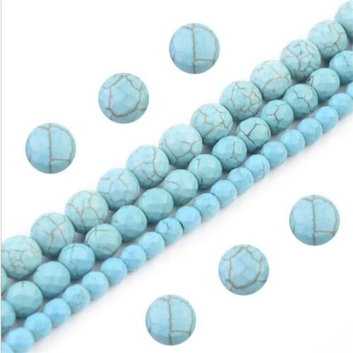 Natural Stone Bead Faceted Cutting Blue Turquoises Round Loose Beads for Jewelry Making DIY Bracelet Accessories 4/6/8/10/12mm