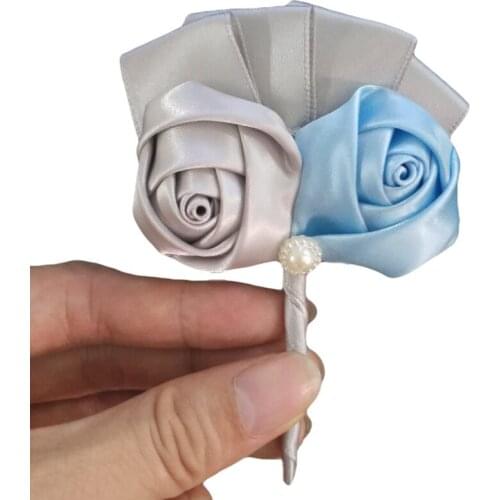 Silver Light Blue Satin Roses Flores Wedding Corsage Groom de novia Silk Ribbon Bridal Artificial Flowers Brooch XH0688J