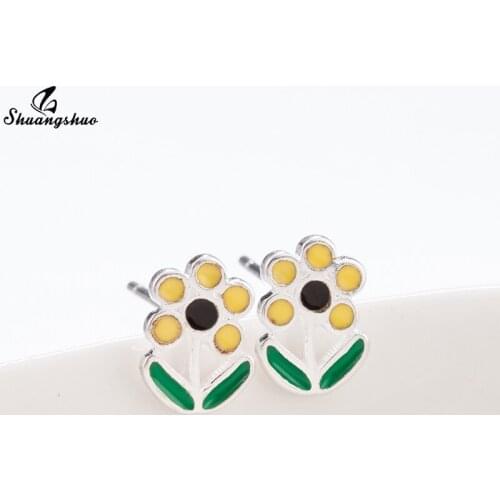 Shuangshuo 925 Sterling Silver Earrings Lovely Sunflower Earrings Flower Ear Studs Korean Temperament Earrings Summer Wild Gift