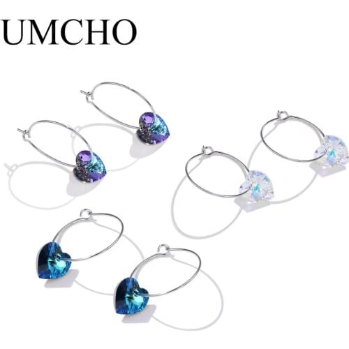UMCHO Solid Silver 925 Prevent Allergy Simple Jewelry Crystal Heart Shape Round Drop Earrings Eardrop For Women Fine Jewelry