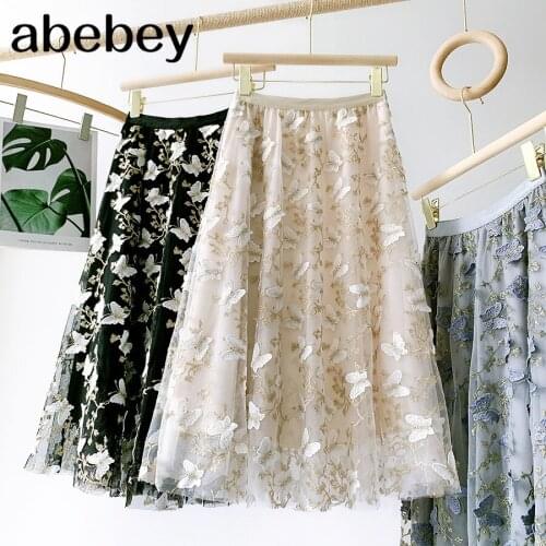 Midi Long Lace Tulle Skirt Women Fashion 2021 Elegant Butterfly Embroidery A Line High Waist Mid-length Mesh Skirt Female