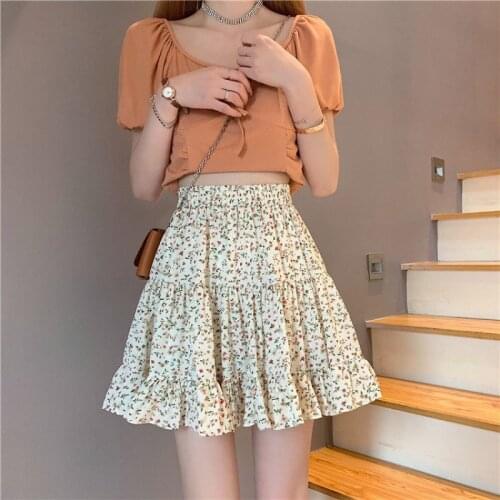 Summer Retro Floral High-waisted Skirt Korean Fashion Ruffles Sweet A-LINE Mini Skirts Elastic Waist Skirts for Women New 2021