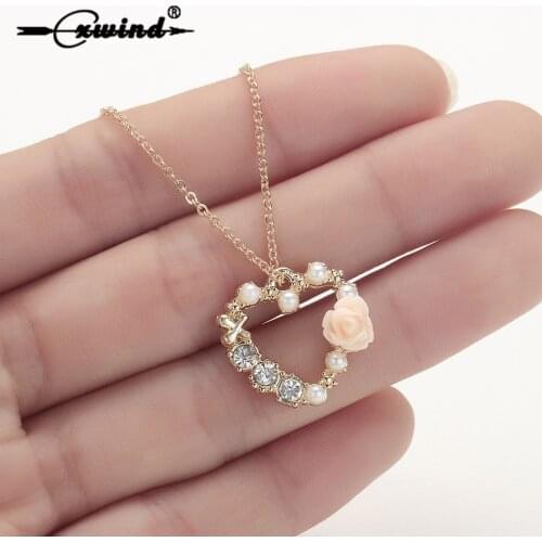 Cxwind Fashion Love Heart Choker Necklaces For Women Golden Pink Flower Necklace Jewelry Valentines Party Girl Gift collares
