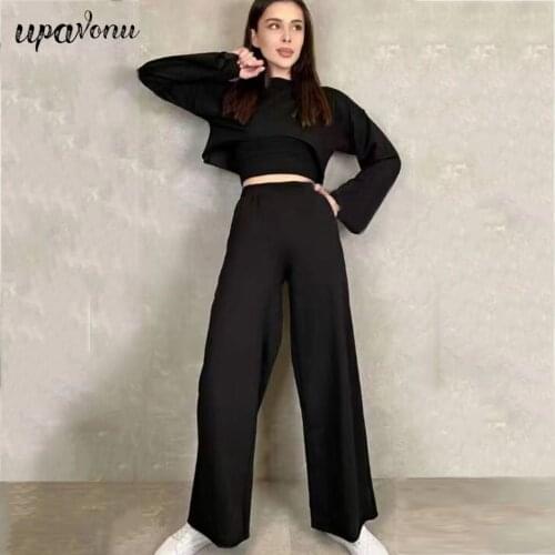 Free Shipping 2021 Womens Sports Pants 3-Piece Set Casual O-Neck Long Sleeve Pullover Short Top & Vest Top & Wide Leg Pants Set