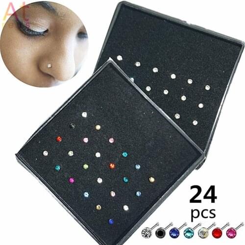 24Pcs/set Nose Stud ,Surgical Steel Rhinestone Round Nose Ring Bone Stud Sexy Body Piercing Jewelry Indian Belly Dancing