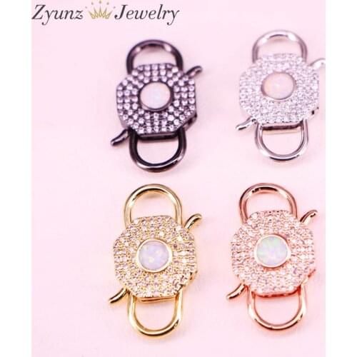 6PCS, Gold/Rose Gold/Black/Silver Color Metal Clasp Lock Shape CZ with Opal Clasp Component Jewelry Findings