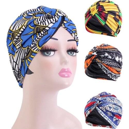 African Pattern Muslim Women Hijab Satin Linned Twist Double Layer Stretch Turban Indian Cap Hair Care Femme Muslim Headwrap