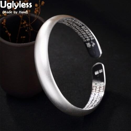 Uglyless High Taste Frosted Blank Bangles for Women Buddhism Open Bangles Solid 99.9 Pure Silver Heart Sutra Adjustable Bracelet