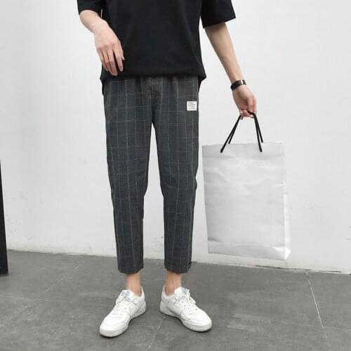 Summer Plaid Pencil Trousers Men Casual Boys Leisure Pants Male Fashion Slim Spring Korean Mens Clothing 2021 Trend