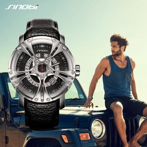 SINOBI Car Creative Design Mens Fashion Watches Top Brand Calender Man Quartz Wristwatches Waterproof Leather Strap Male Clock