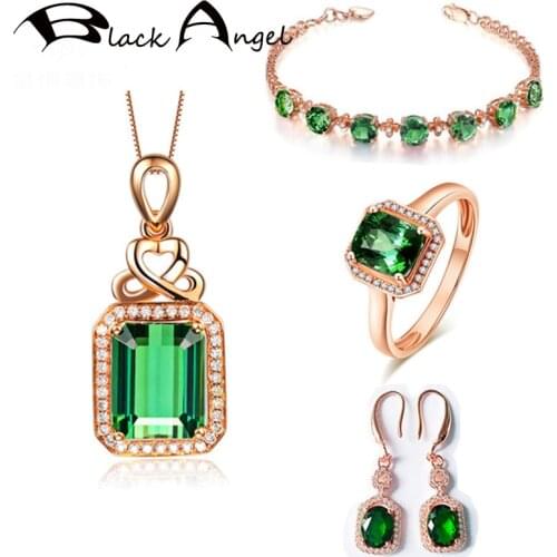BLACK ANGEL 18k Gold Vintage Emerald Gemstone Jewelry Set Necklace Rings Four Clover Bracelet Earrings For Women Wedding Gift
