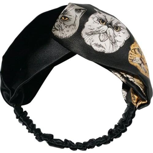 Europe Vintage Black Headband Women Cat Print Asymmertical Fabric Hairband Fashion Knot Bandanas Eleastic Hair Accessories