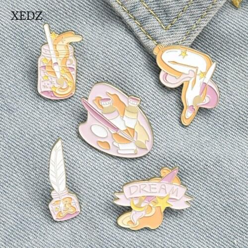 XEDZ Painting brush tool enamel brooch fashion feather pen palette badge jewelry gift for a friend
