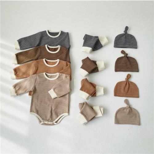 2020 Autumn Winter 3pcs/set Long Sleeve Romper+Striped Pants+Hat For New Born Baby Boy Girls Clothes Cotton Infant Jumpsuits Set