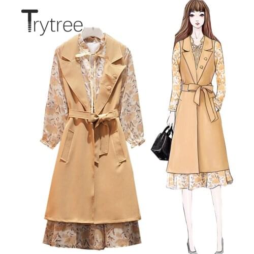 Trytree 2020 spring Autumn Tow Piece Set Casual Bow Print A-line Dress + Vest Turn-down Collar Pockets Office Lady 2 Piece Set