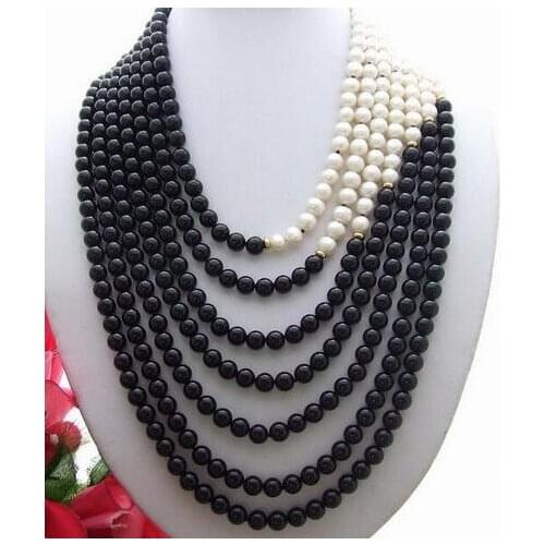 Beautiful 7row 7-8 mm white Pearl&black bead Necklace