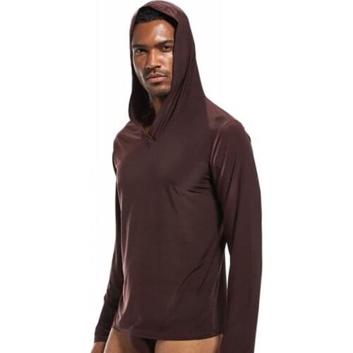 Men Soft Silky Pajama Hooded Shirt Lounge Sleep Top Long Sleeve Yoga Swearshirt