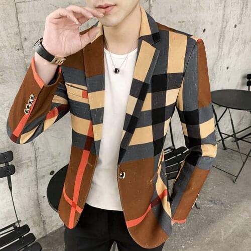 Mens Suits Blazers Spring and Autumn 2020 New Fashion British Style Contrast Color Plaid Splicing Pattern Slim Casual Men Blazer