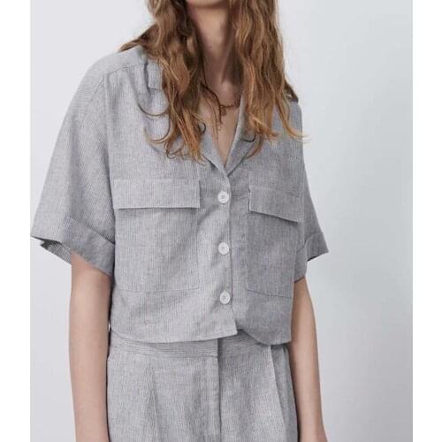 MXTIN 2021Women Fashion Cropped Blouses Vintage Lapel Collar Short Sleeve Office Ladies Female Shirts Blusas Casual Tops