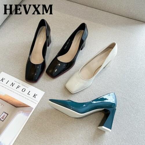 Autumn Women Shoes Pumps Ladies Genuine Leather Slip on Round Toe High Heels Wedding Shoes Thick Heel Footwear 8CM