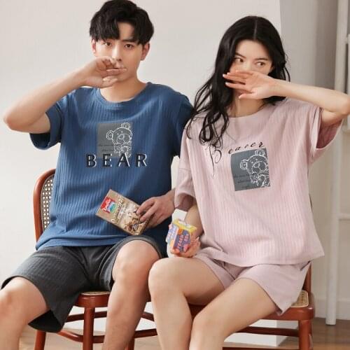 Mens Pajamas Set Summer Couples Round Neck Short Sleeve Homewear Kawaii Pink Cartoon Little Bears Print Cotton Ladies Sleepwear