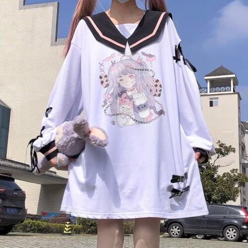Japanese Harajuku Anime Printed Long Sleeve Dress Teen Girls Casual Comic Hollow Out Navy Collar Soft Loose Dress Street Wear