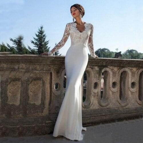 2020 New Glamorous Mermaid Wedding Dresses With Long Sleeves V Neck Sweep Train Satin And Lace Bridal Gowns Custom Made