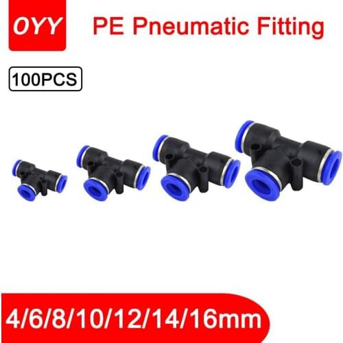 100PCS PE Air Connectors 4/6/8/10/12MM Pneumatic Fitting Quick Connect Slip Lock Tee 3Way Plastic Pipe Water Hose Tube Connector