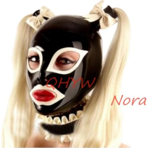 Sexy Exotic Lingerie Latex Rubber Face Mask Hoods Hood with Bows&wigs Collars Party Club Fetish Love Live Cosplay