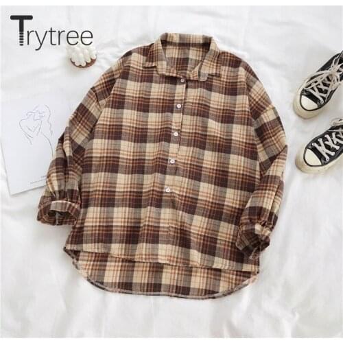 Trytree Spring Summer Woman Casual Coat Turn-down Collar Single Breasted Plaid Loose All-Purpose Style Irregular Blouse Coat
