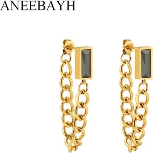 Vintage Black Crystal Chain Drop Earrings For Women Fashion Gold Color Metal Texture Earrings Stainless Steel Jewelry бижутерия