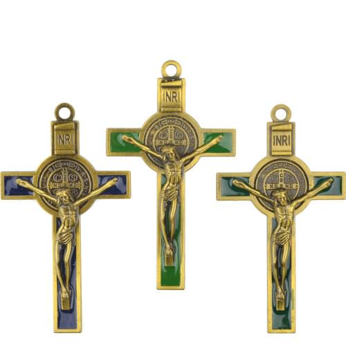 Green Blue Catholic St Benedict Crucifix 77mm Rosary Decorative Charm Cross Pendant 6pcs