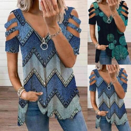 Summer Fashion Stylish Women T-shirt Zipper V Neck Hollow Short Sleeve Printed Loose Blouse Top for Office Streetwear Tops 2021