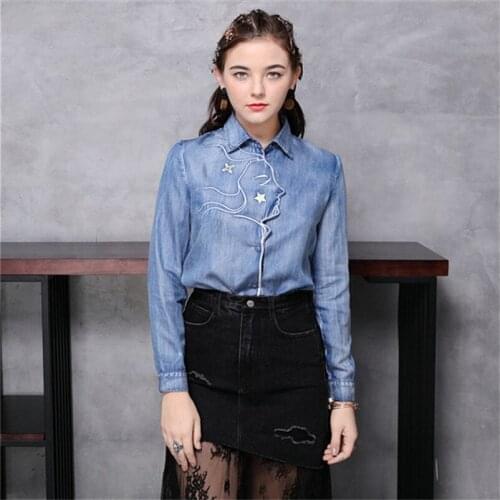 Women Embroidery Denim Blouse Shirt 2020 Vintage Long Sleeve Turn-down Collar Blouses Blusas Femininas 9296