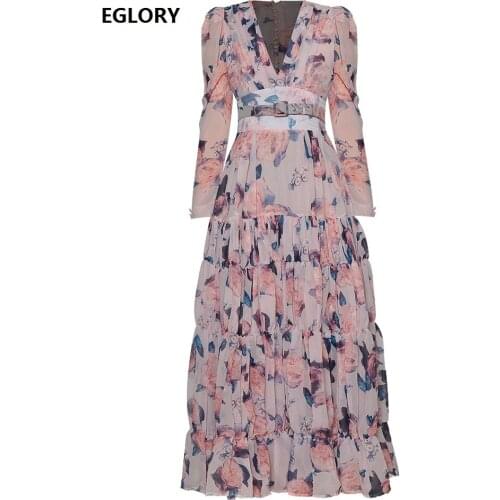 Pink Black Long Dress 2021 Spring Summer High Quality Women V-Neck Vintage Floral Print Long Sleeve Casual Bohemian Maxi Dress