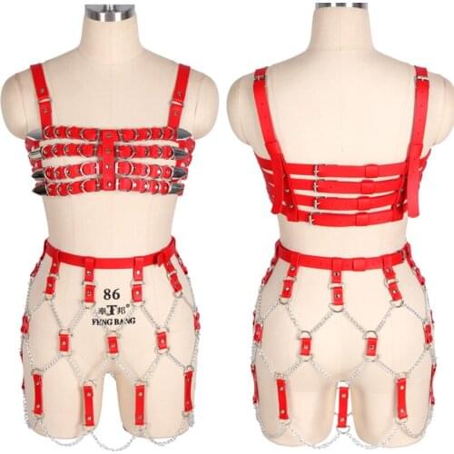 PU Leather Harness Womens 2pcs Sexy Lingerie Body Bondage High Waist Metal Chain Garter Belt Suspenders Belt Punk Goth Rave Wear