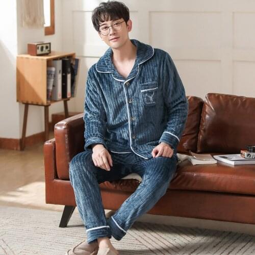 Plus Size Nightwear Long Sleeve Winter Thicken Warm Flannel Pajamas Set Soft Sleepwear Long Pant Male Men Pyjamas Set Homewear