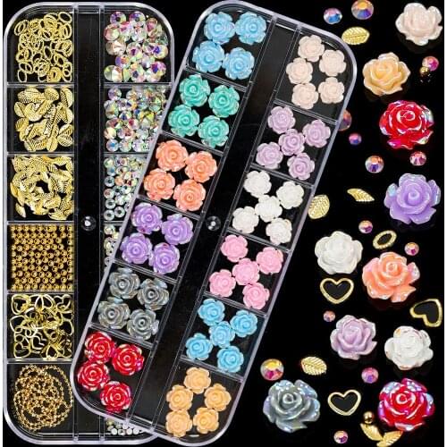 2Boxes Mix 24 Shapes Feather Beads Pearls Diamonds Acrylic Flowers Rose Nail Art Rhinestone Jewel Ornaments Manicure DIY Set