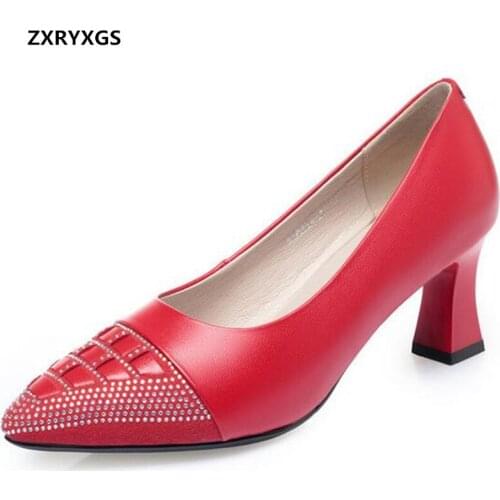 2021 New Top Cowhide Rhinestone Women Fashionable Shoes Red Wedding Shoes Banquet Office Genuine Leather Women High Heel Shoes