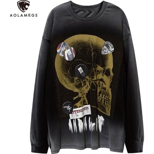 Aolamegs Sweatshirt Men Skull Skeleton Scary Letter Print O-Neck Pullovers High Street Punk Cool Hipster Baggy Casual Streetwear