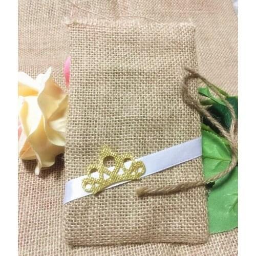 Free shipping DIY handmade Jute bag lace wedding candy bag Little Crown linen bag burlag bags